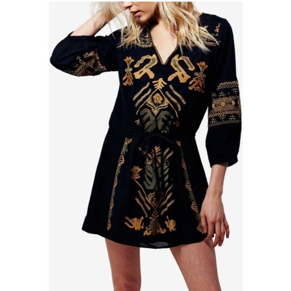 Free People womans boho Long Sleeve Embroidered Mini Dress size M